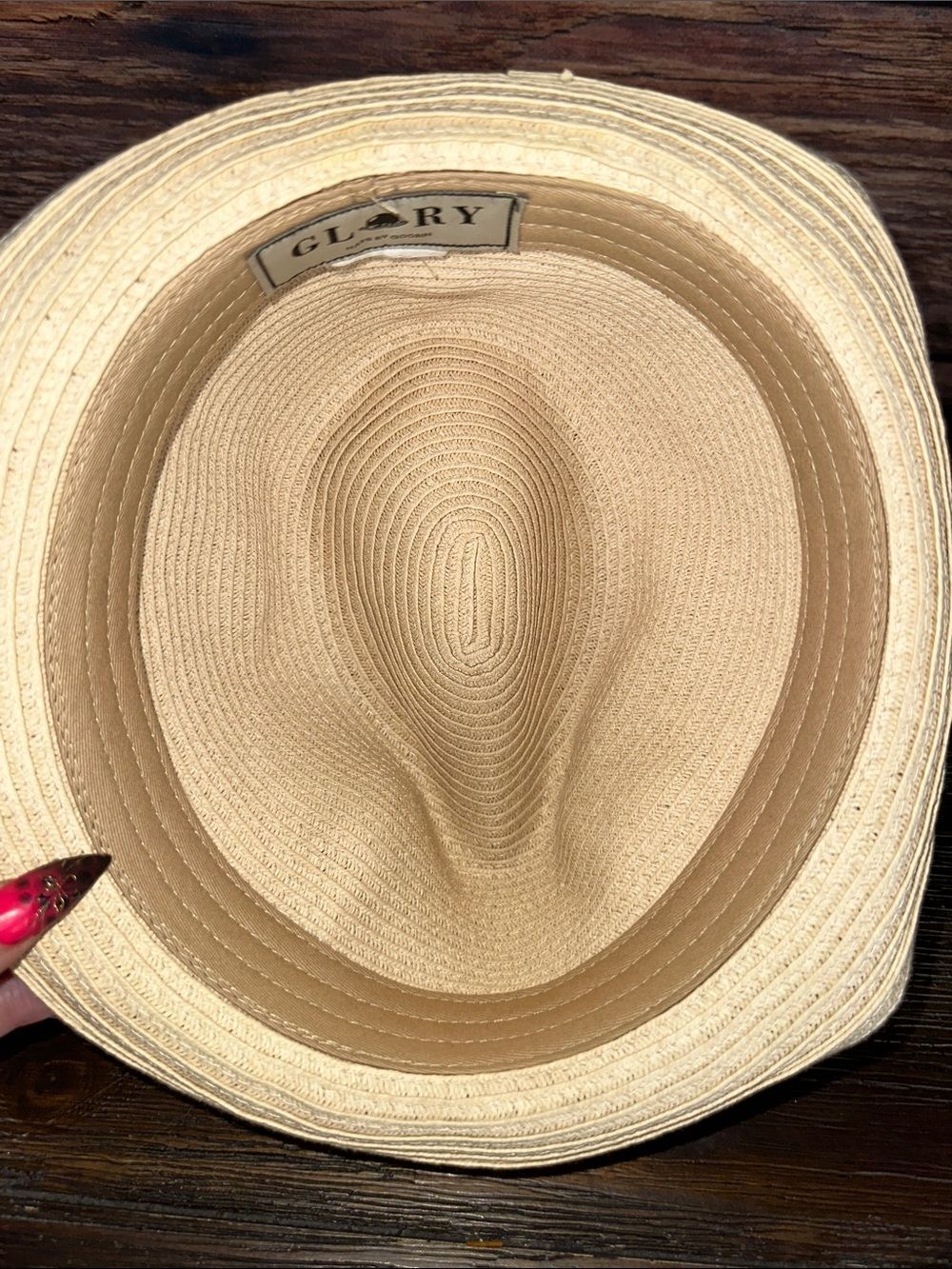 Glory by Goorin Beige Straw Fedora Hat with White and Navy stripped band! - Picture 6 of 7